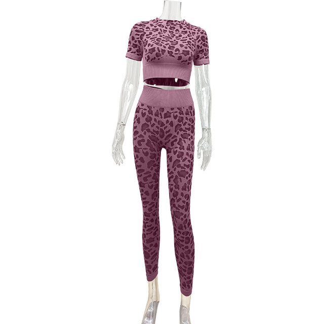 Leopard Print Short-Sleeved Yoga Fitness Suit