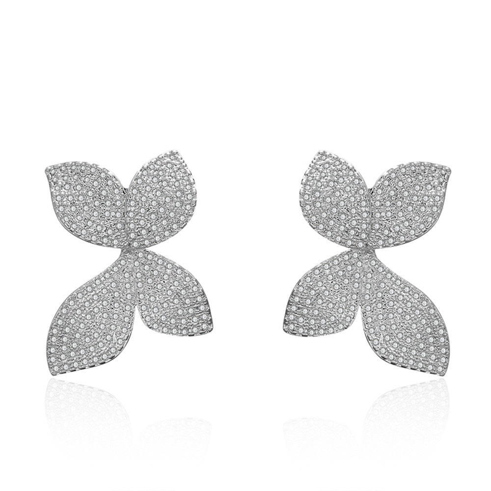 Clover Flower Stud Earrings with Rhinestones