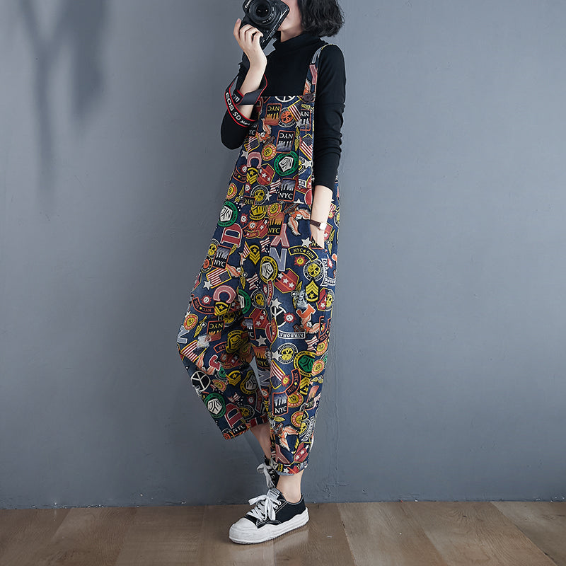 "Printed Denim Overalls for Women - High Waist Loose Fit"