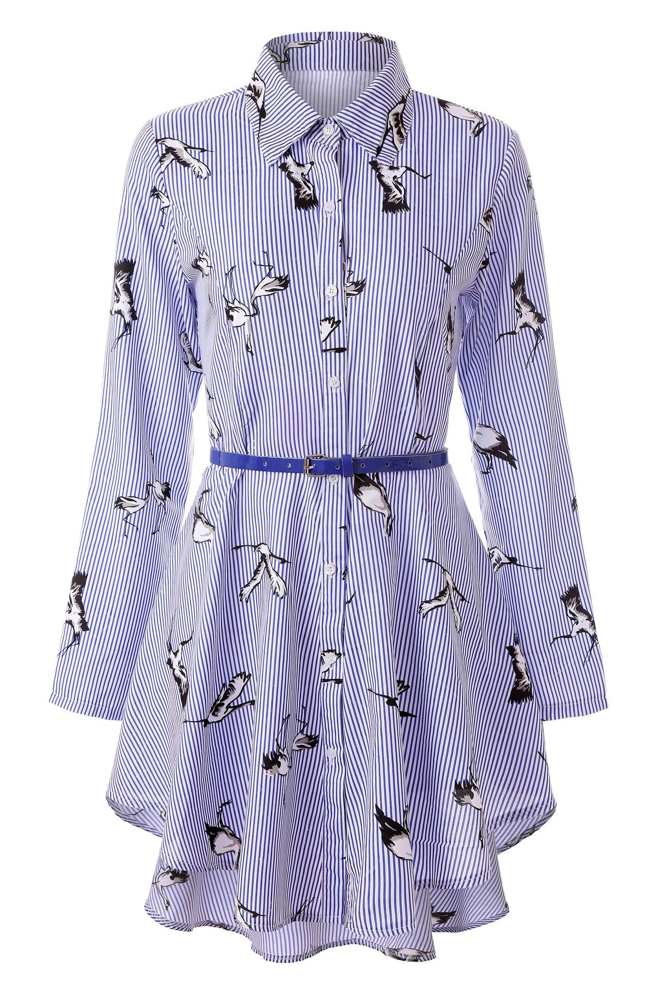 Striped Long Sleeve Shirt and Dress with Belt for Women
