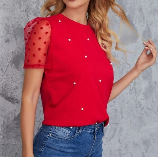 Red Net Sleeves Top