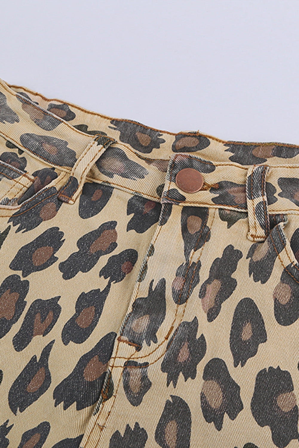 Leopard Mid Waist Frayed Hemline Denim Shorts