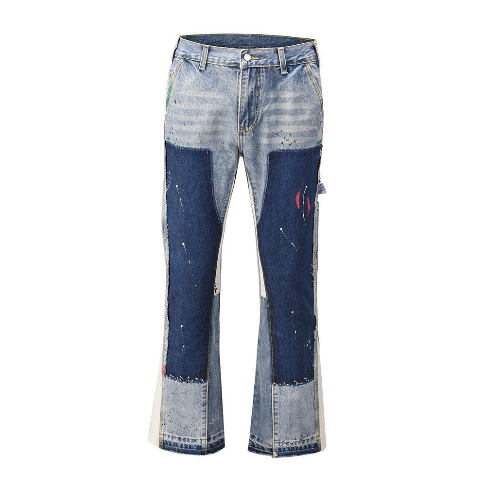 Vintage Distressed Splash Ink Flare Jeans for Men