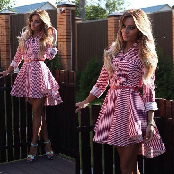 Striped Long Sleeve Shirt and Dress with Belt for Women