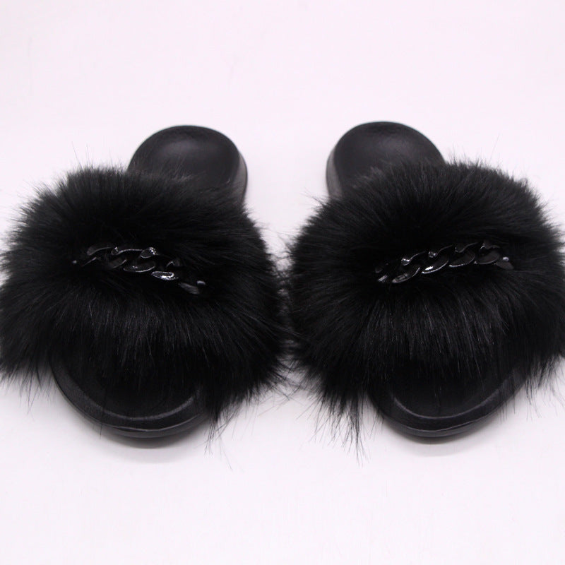 Faux Fox Fur Plush Flip-Flop Sandals for Women