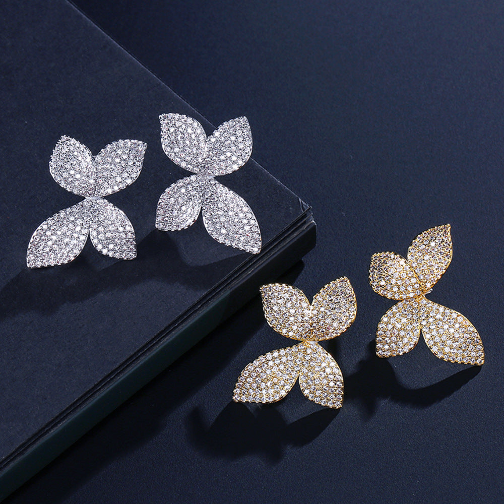 Clover Flower Stud Earrings with Rhinestones