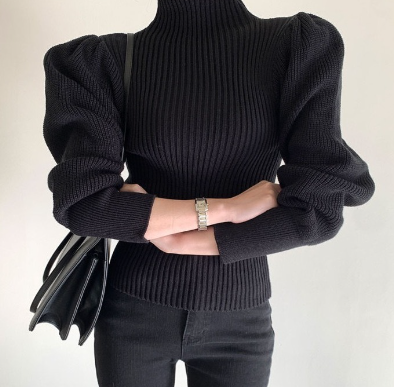 Slim Fit Women's Pullover Sweater with Puff Sleeves