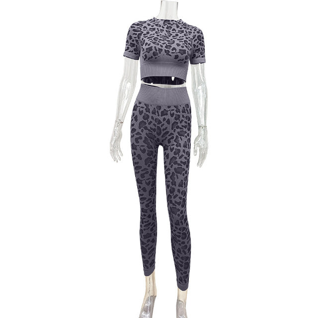 Leopard Print Short-Sleeved Yoga Fitness Suit