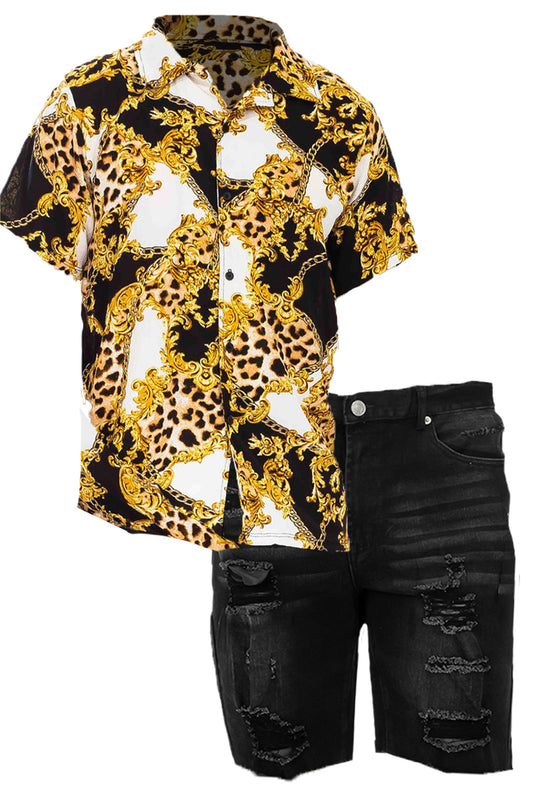 Cheetah Cuban Shirt and Denim Shorts