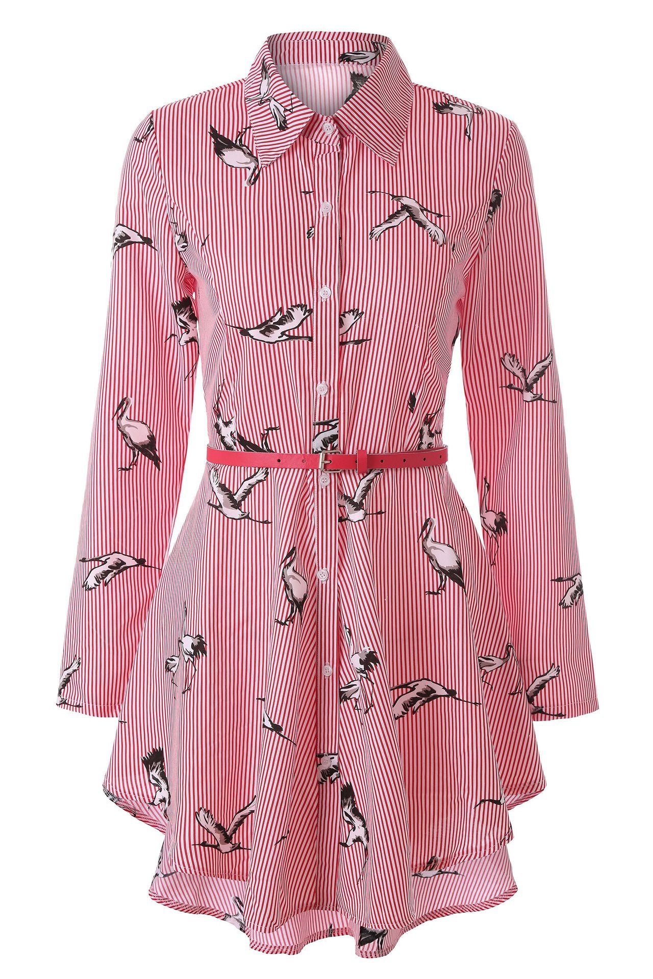 Striped Long Sleeve Shirt and Dress with Belt for Women