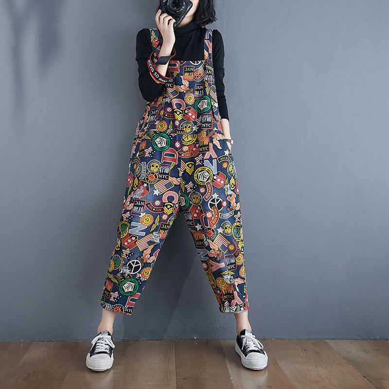 "Printed Denim Overalls for Women - High Waist Loose Fit"