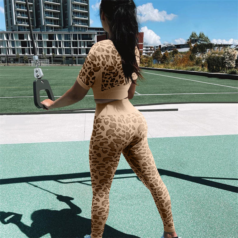 Leopard Print Short-Sleeved Yoga Fitness Suit