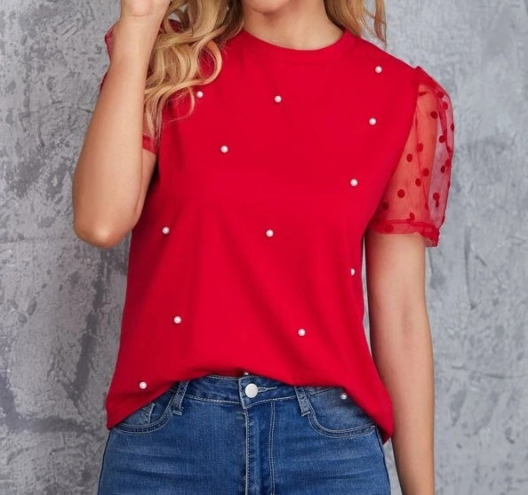 Red Net Sleeves Top