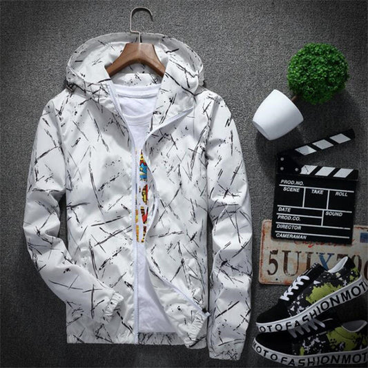 Men's Spring Autumn Bomber Jacket with Print and Hood