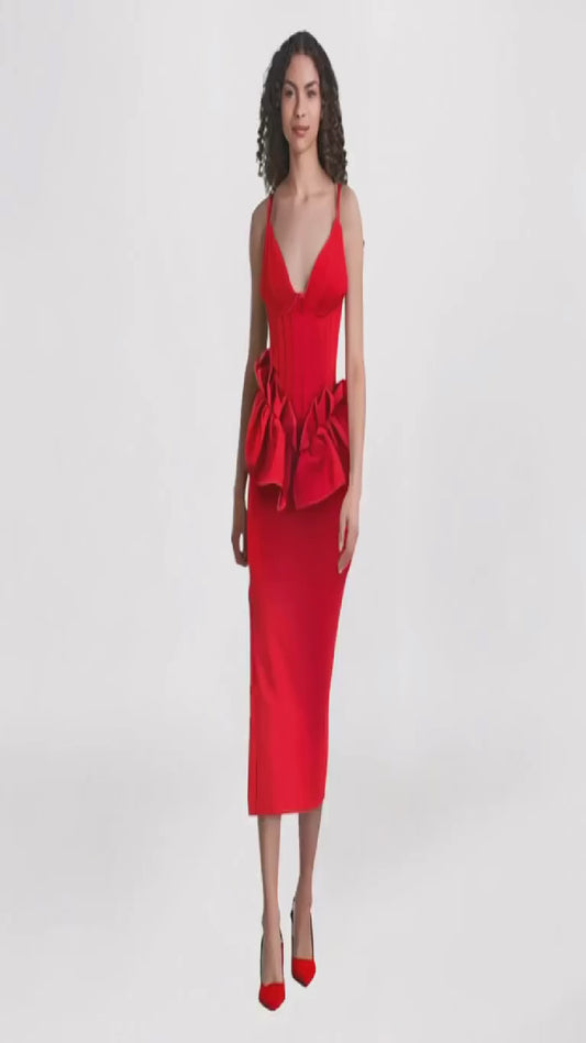Red  ruffle hem backless evening dress